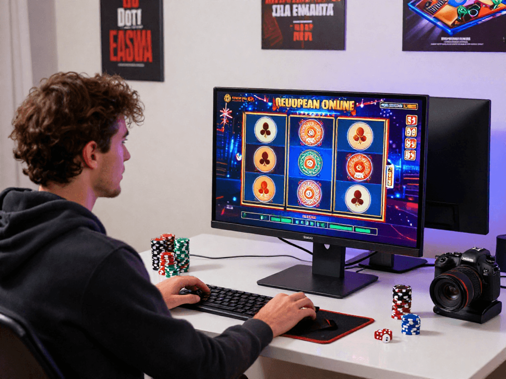 Excited player engaging with european online casinos for uk from a well-designed home setup with vibrant gaming themes.