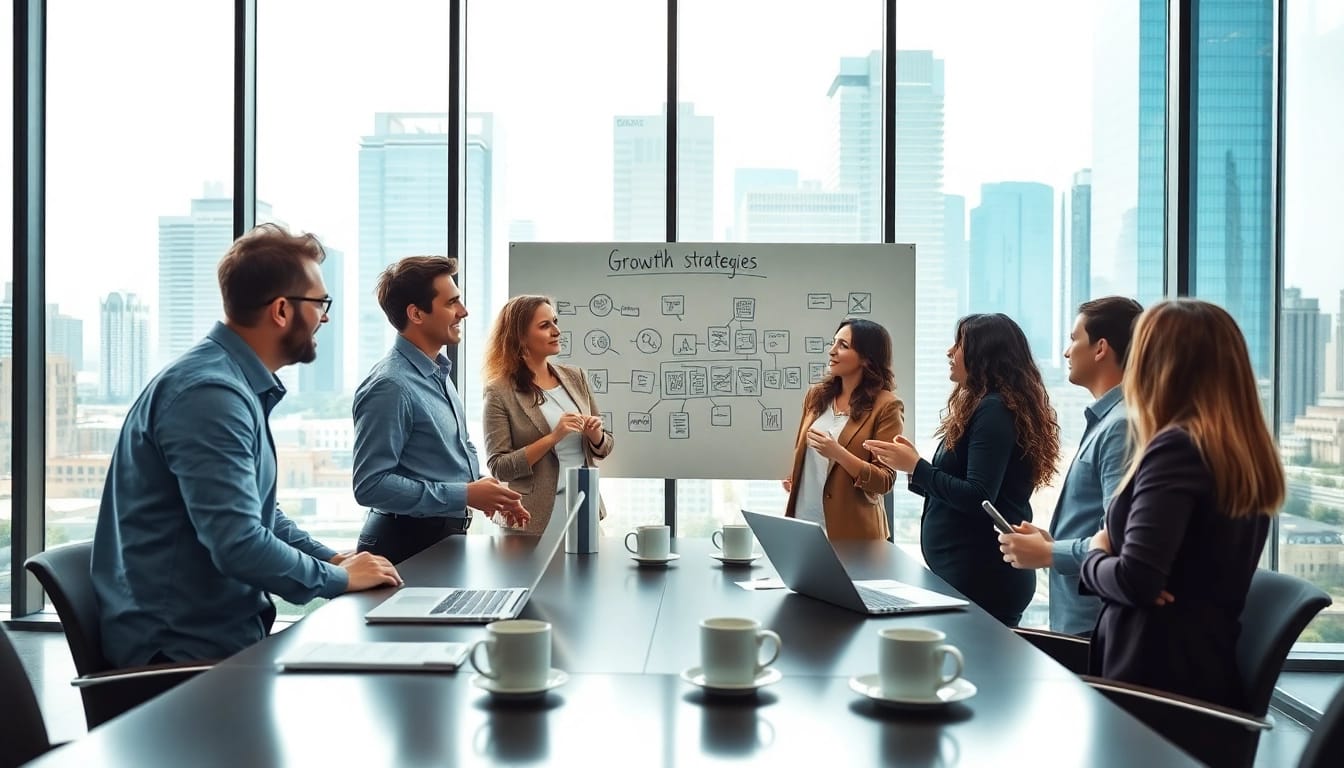 Team collaborating on business growth insights in a modern office environment.