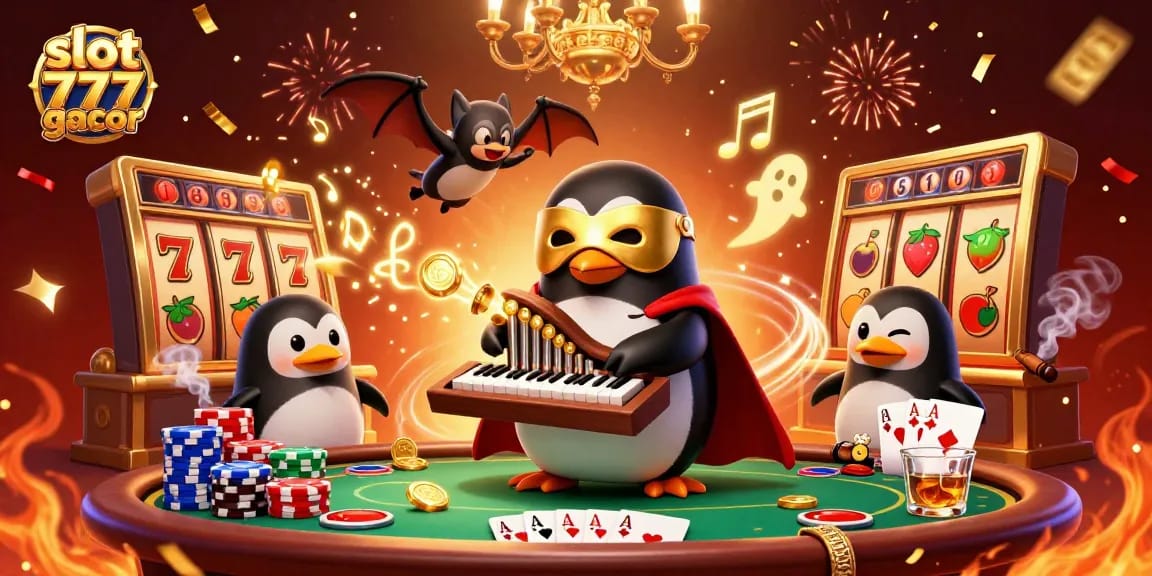 Engage with slot 777 gacor featuring a dynamic scene of a penguin and bat celebrating wins in a vibrant casino.
