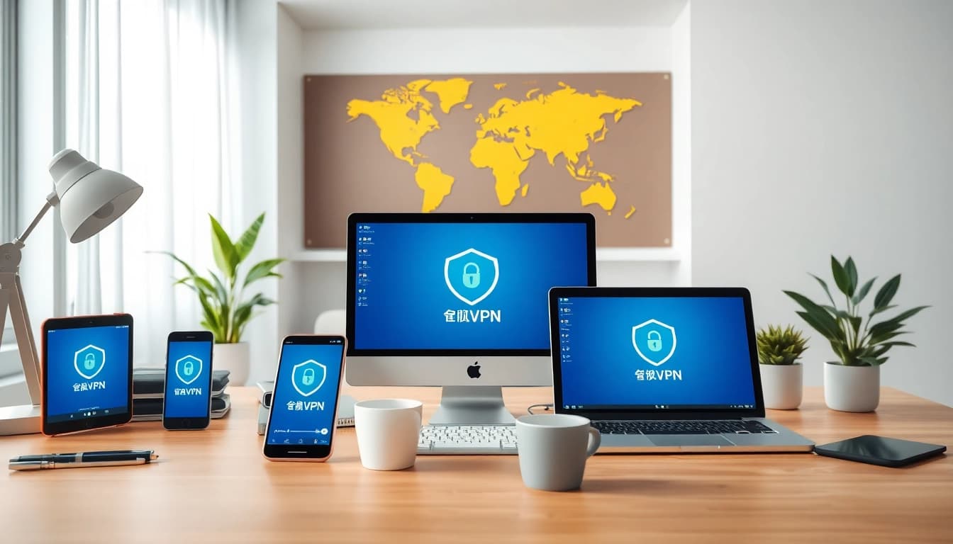 在现代工作空间的多设备上显示的快连 VPN 界面,象征全球互联与安全。