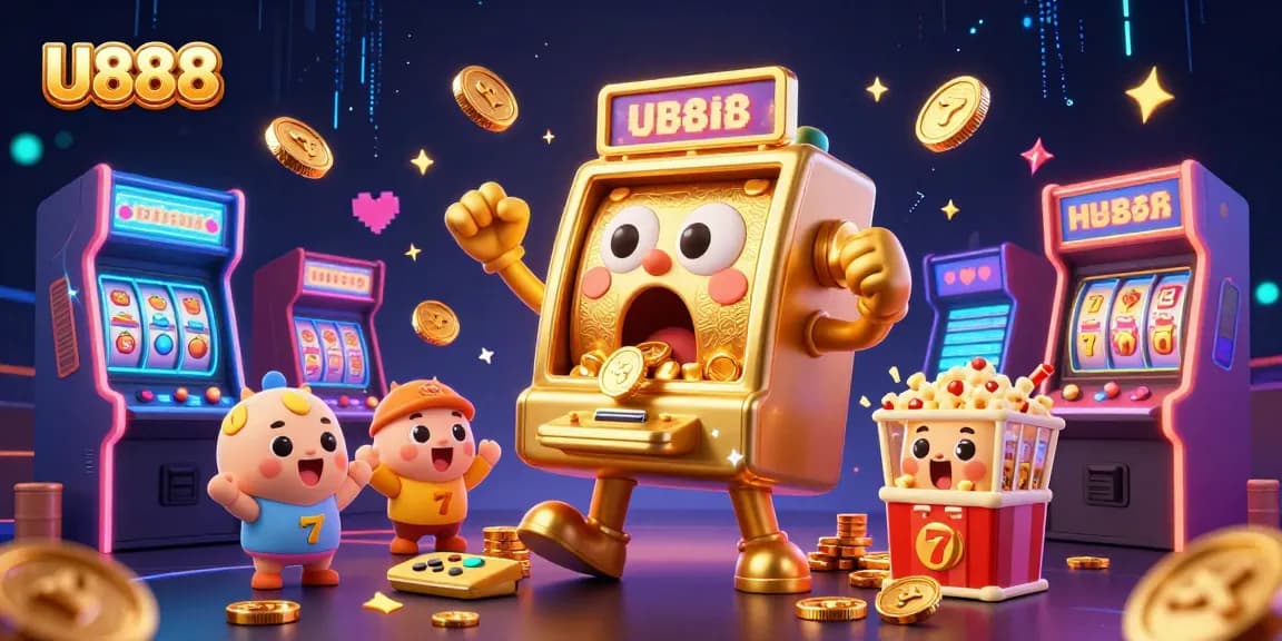 Celebrate your wins with U888 at this vibrant casino scene featuring animated slot machines!