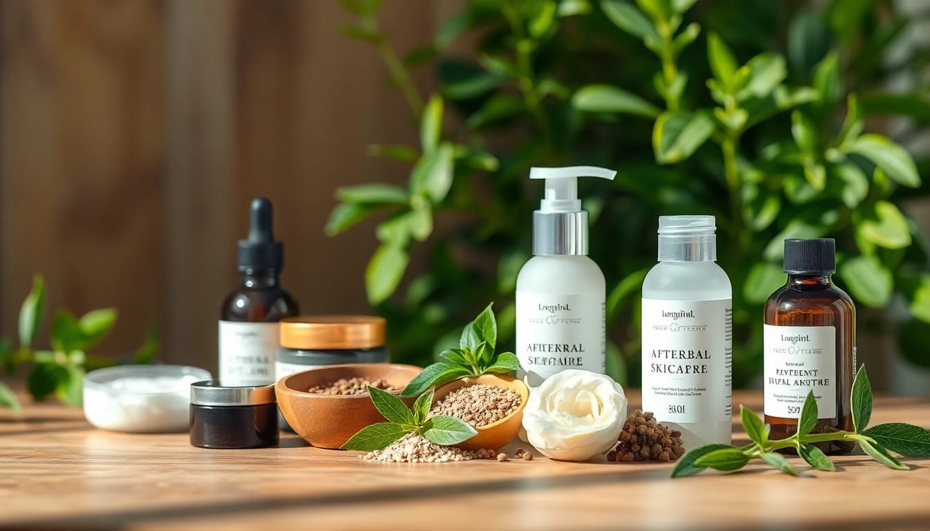 Naturali kosmetika iš natūralių ingredientų, puikiai išdėstyta ant medinės paviršiaus.
