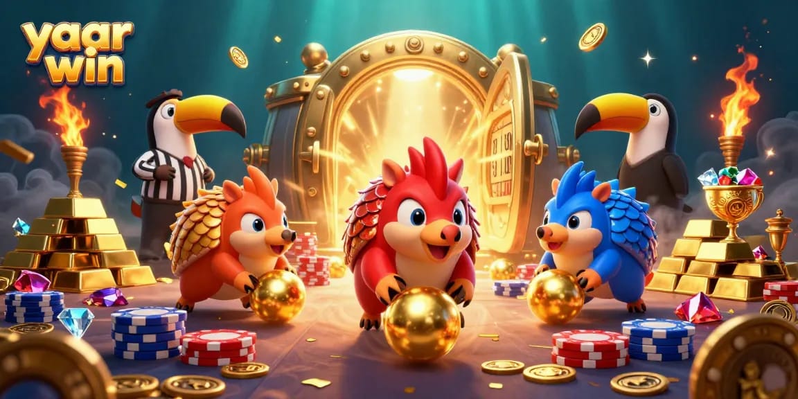 Engage in thrilling action with yaar win as cartoon pangolins roll through poker chips in a vibrant casino scene.