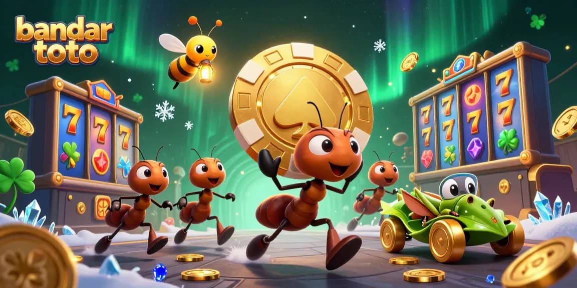 Experience thrilling games with bandar toto at this dynamic 3D illustration of playful heisting ants and casino elements.