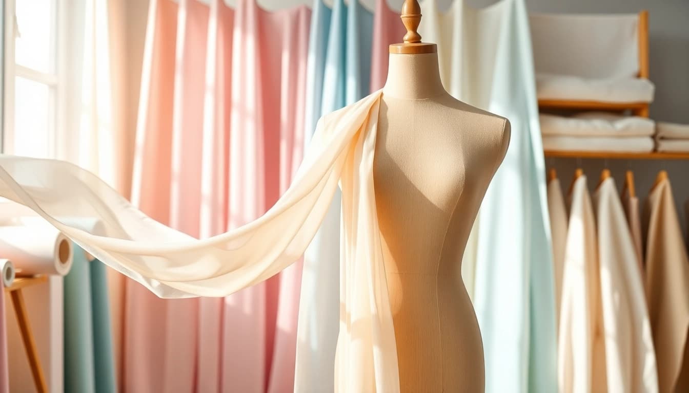 Chiffon fabrics elegantly displayed in a textile studio, highlighting their colors and textures.