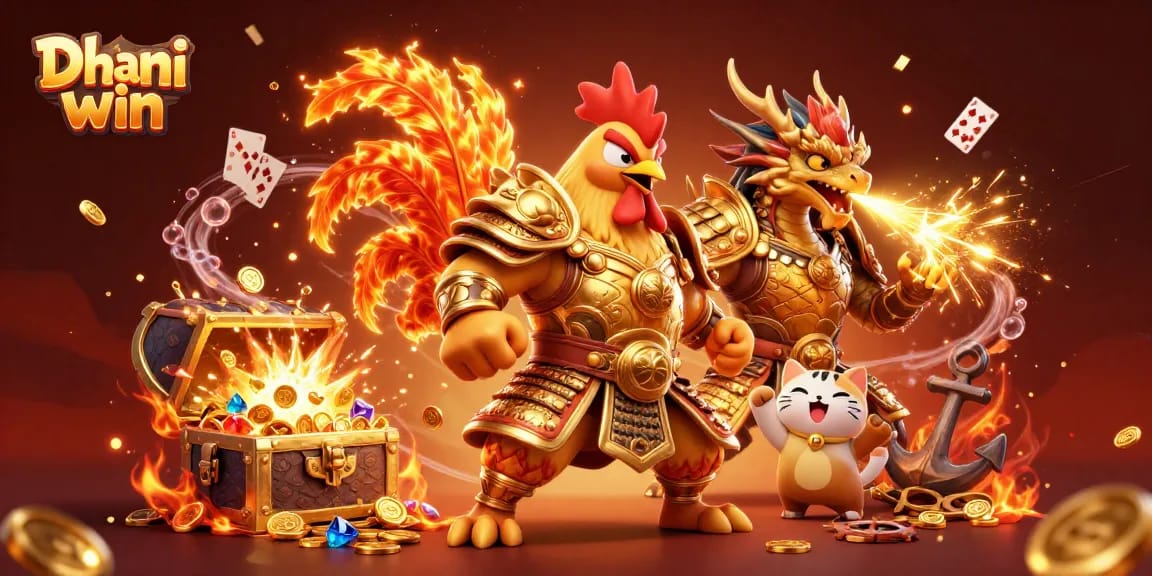 Dhani win brings excitement with a dynamic scene featuring characters battling alongside gold coins and winning elements
