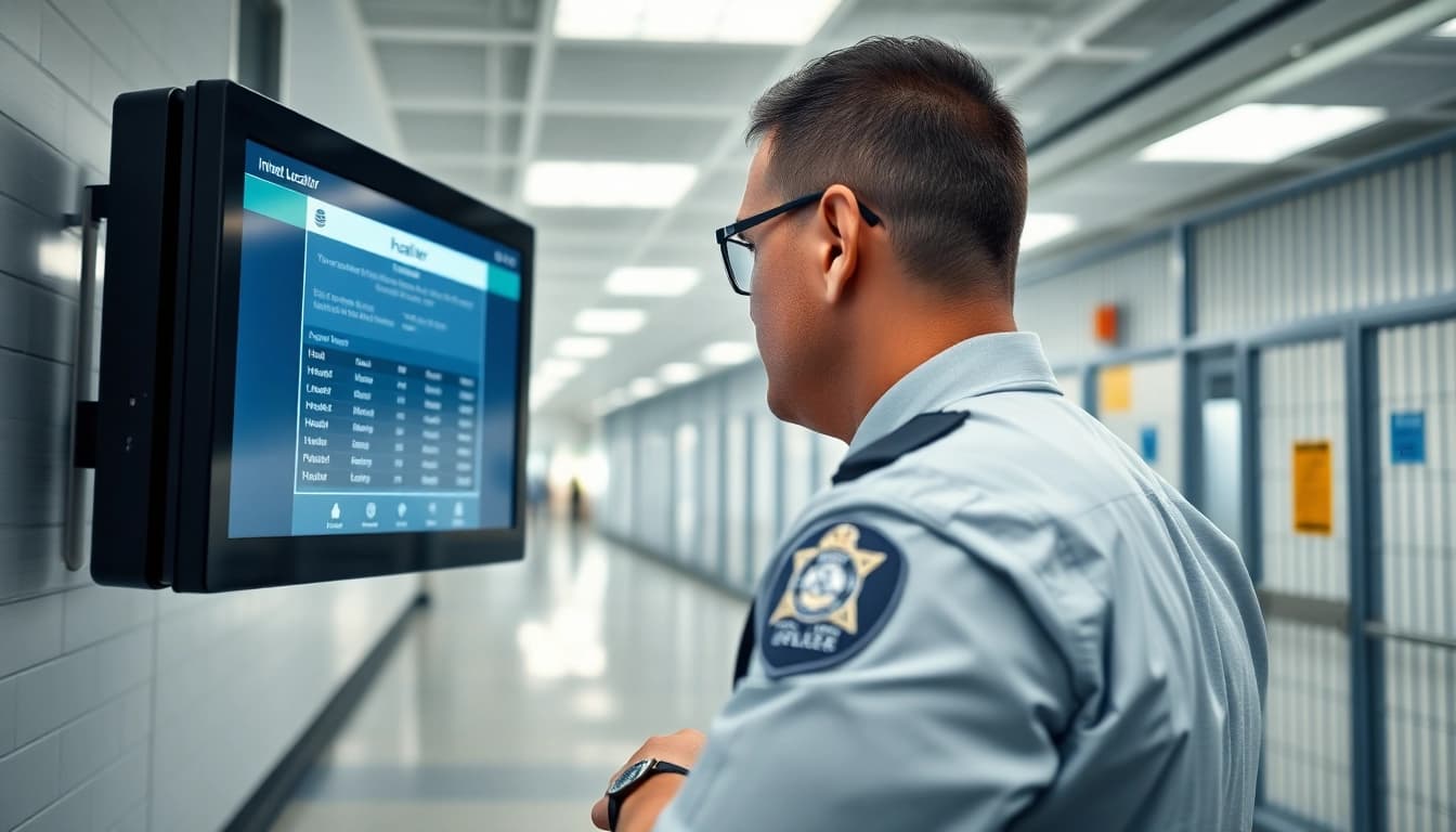 Using the Orange County Jail Inmate Locator, an officer interacts with a digital interface displaying inmate details.