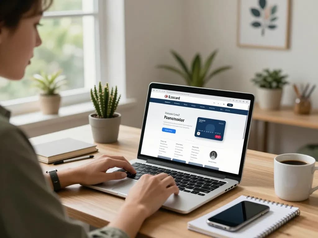 Individual using Ezzocard for secure online payments in a modern home office.