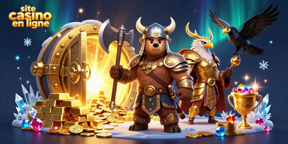 Plongez dans l'univers du site casino en ligne avec un ours viking et une aigle valkyrie au milieu d'un trésor brillant