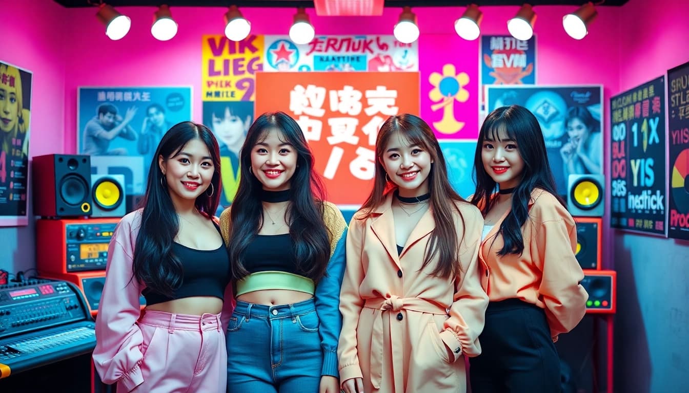 Dynamic group shot of blackpink members in a music studio, showcasing their style and energy.