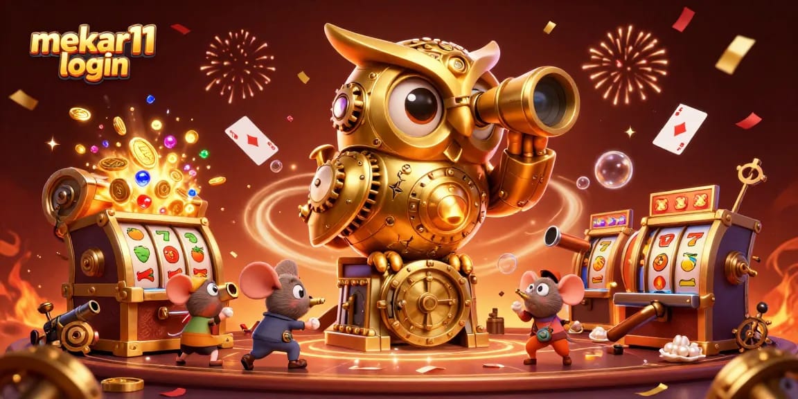 Engage with mekar11 login at the casino with vibrant characters amidst gold coins and slot reels.
