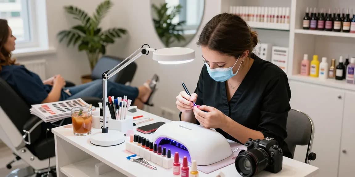 Tehnician profesionist în unghii folosind o lampa UV LED unghii pentru a fixa ojă gel într-un salon de beauty stilat.