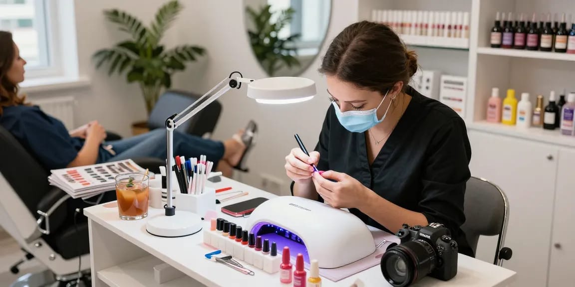 Tehnician profesionist în unghii folosind o lampa UV LED unghii pentru a fixa ojă gel într-un salon de beauty stilat.