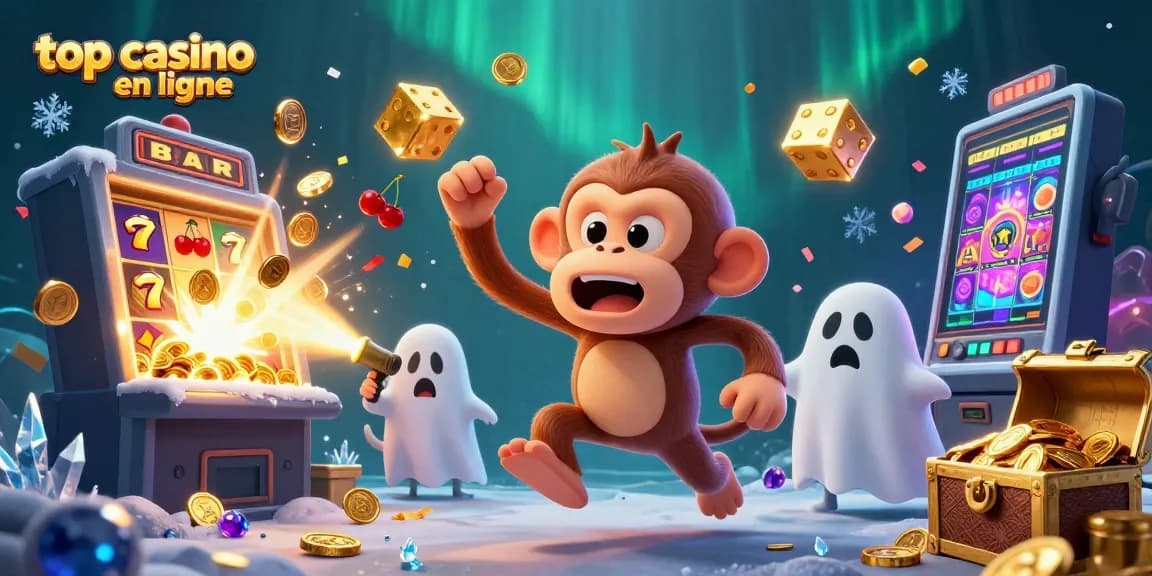 Profitez de jeux captivants dans le top casino en ligne, où un singe poltergeist s'amuse avec des pièces et des dés.