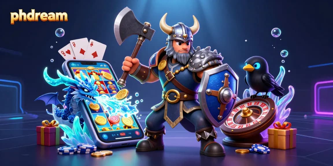Engage in thrilling gameplay with phdream featuring a Viking wolf and dragon amidst vibrant casino elements.
