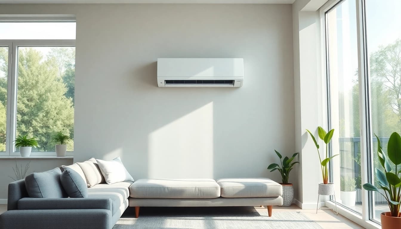 Mitsubishi mini split ac installed in a modern living room, enhancing the space's comfort and design.