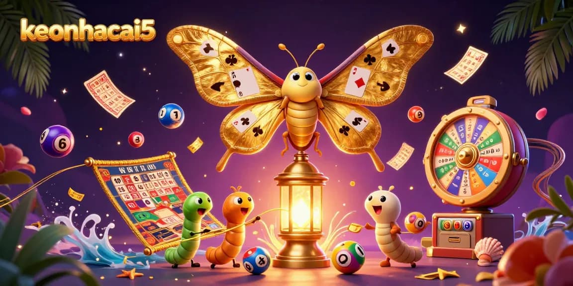 Experience the thrill of gaming with keonhacai5 in this vibrant casino-themed illustration filled with dynamic lottery elements.