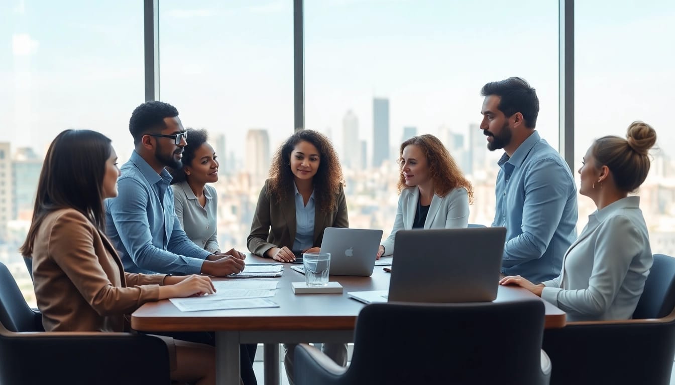 Analyzing contracts and grants through a collaborative business meeting with diverse professionals.