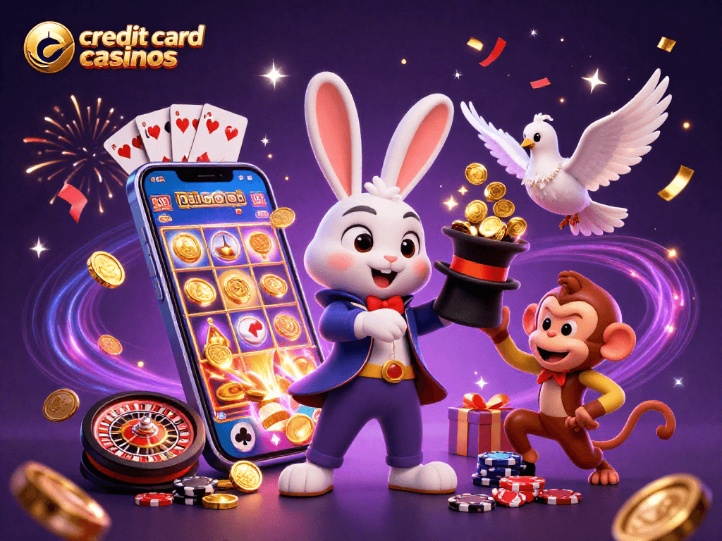 Engaging scene illustrating credit card casinos with a magician, dove, and monkey amidst dynamic casino elements.