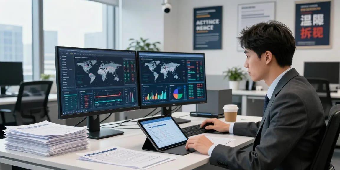 Data analyst examining financial crime intelligence visuals in modern office.