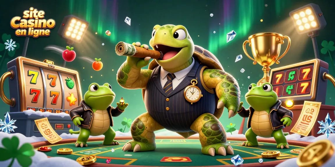 Découvrez un fascinant site casino en ligne, où une tortue géante habillée en gangster fait face à des grenouilles entourées de machines à sous scintillantes.