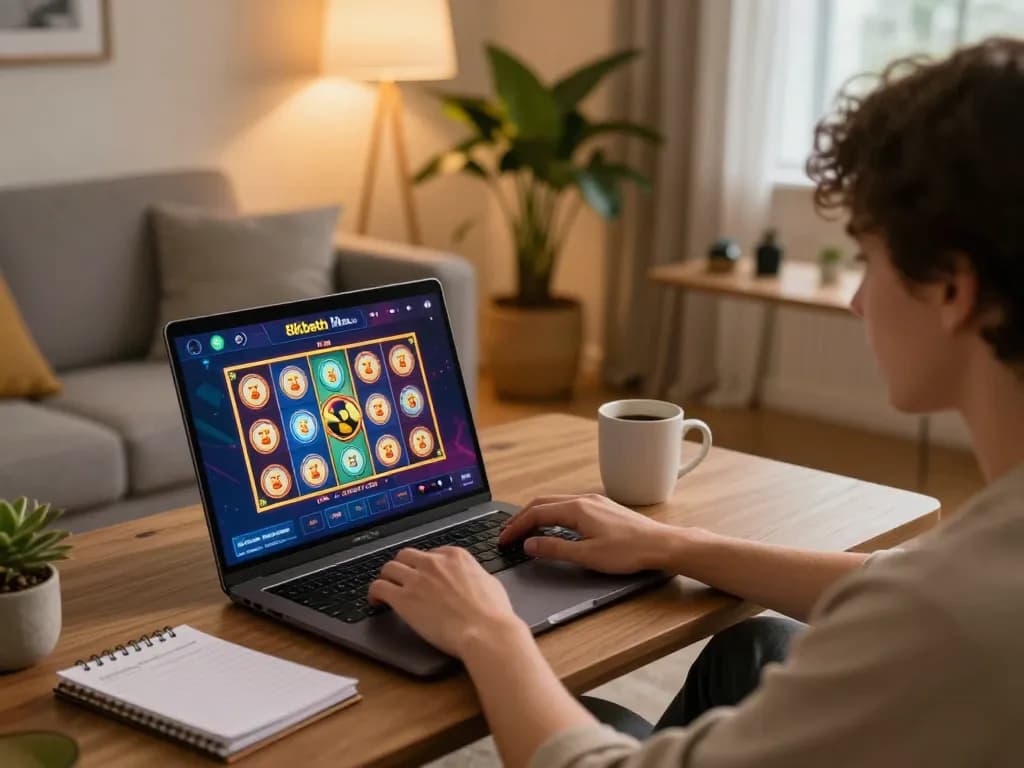 Playing slots on 8kbetbh with a laptop in a cozy home setup