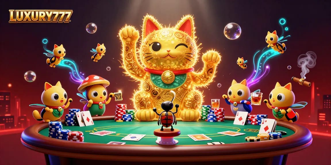 Pemain LUXURY777 merayakan kemenangan dengan simbol kasino berkilau dan kucing keberuntungan, menambah semangat bermain.