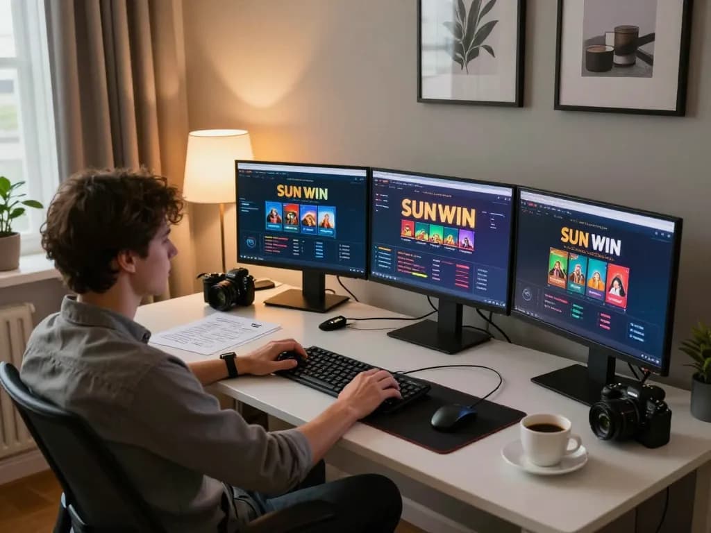 SUN WIN online gaming setup with a person engaging in strategic play at home office, multiple screens showing games.