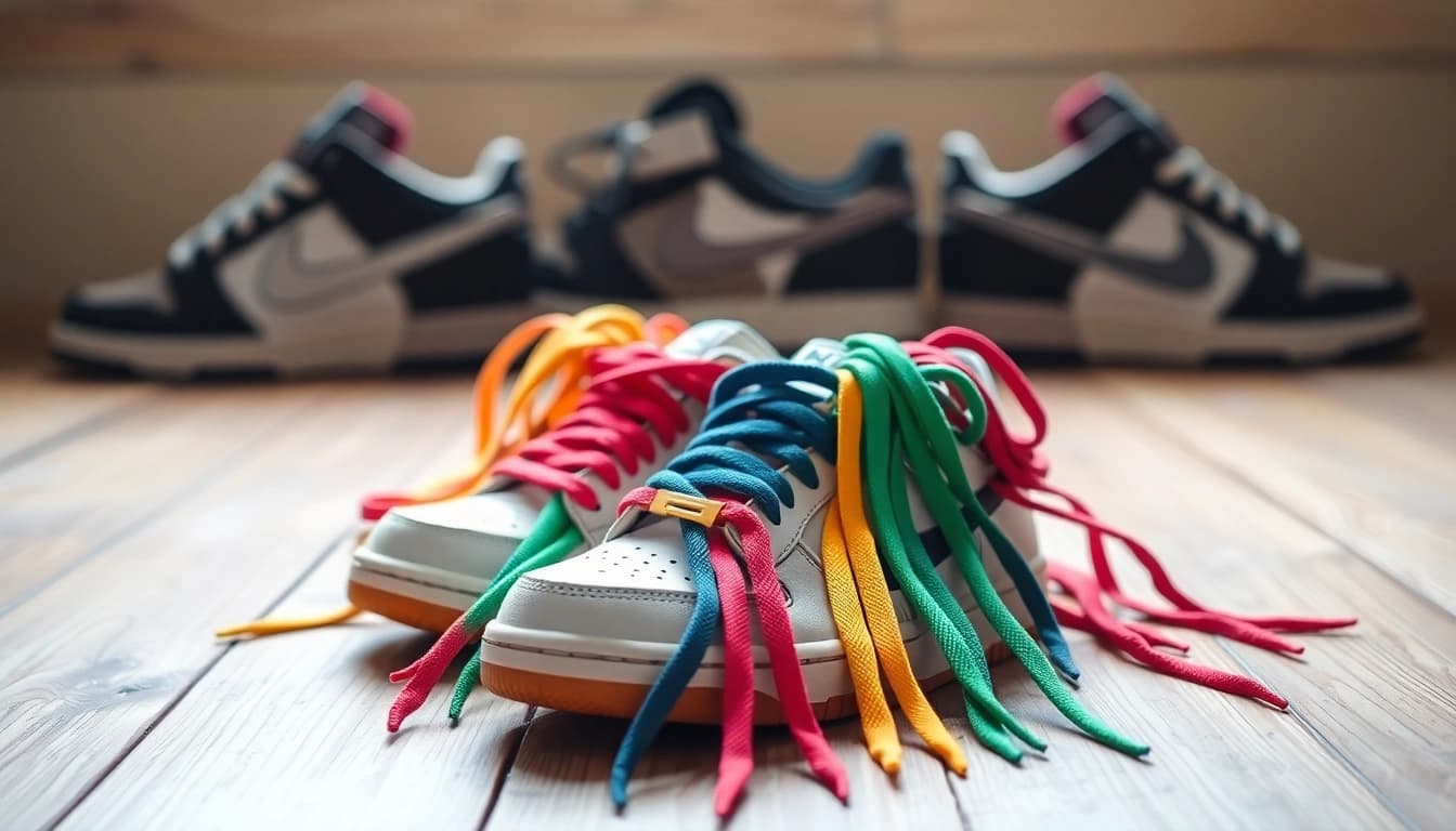 Showcasing Exact match replacement laces for Dunks in vibrant colors, perfectly displayed.