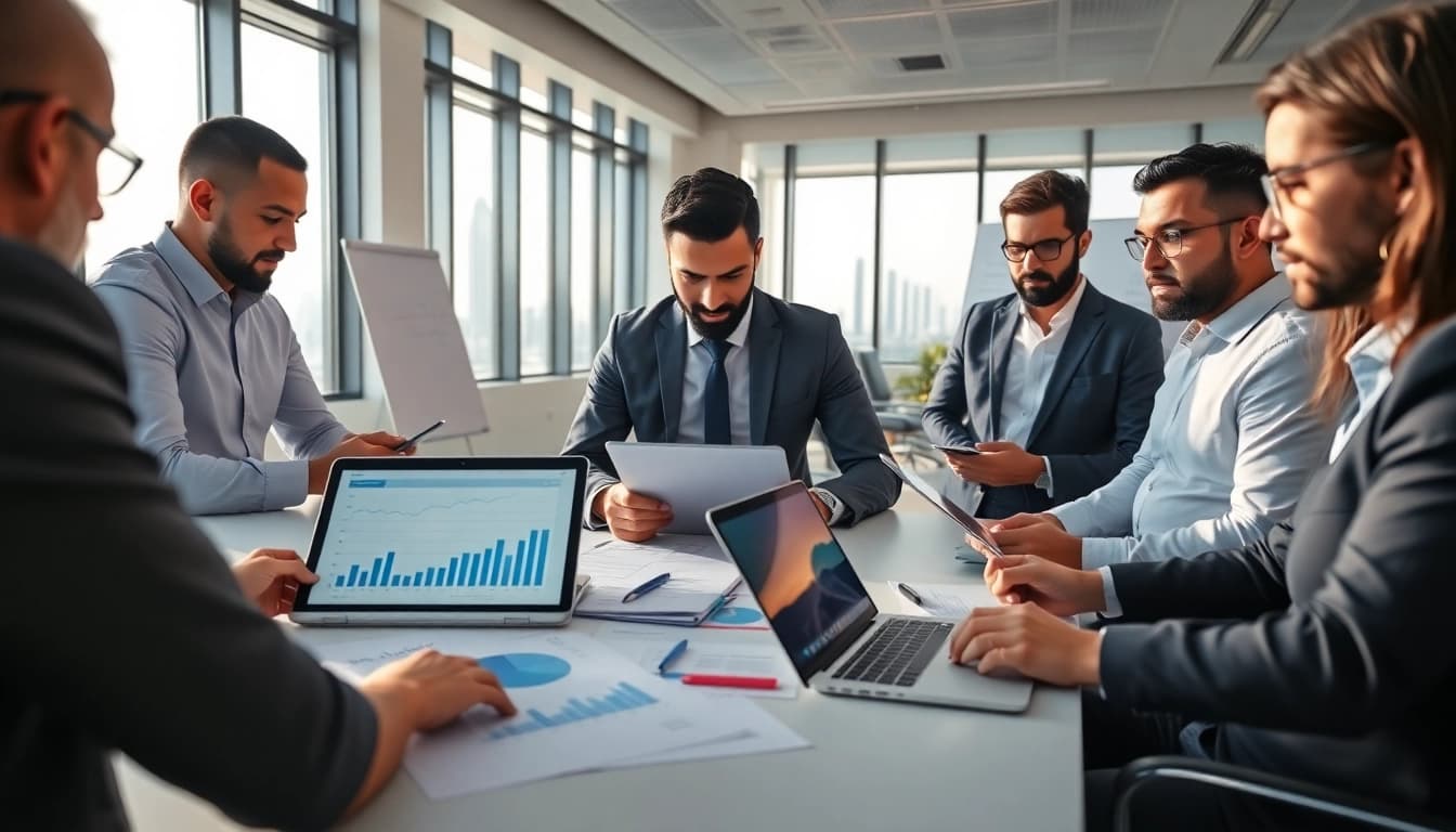 VAT Services in UAE office scene showcasing professionals reviewing financial documents and tax compliance charts.