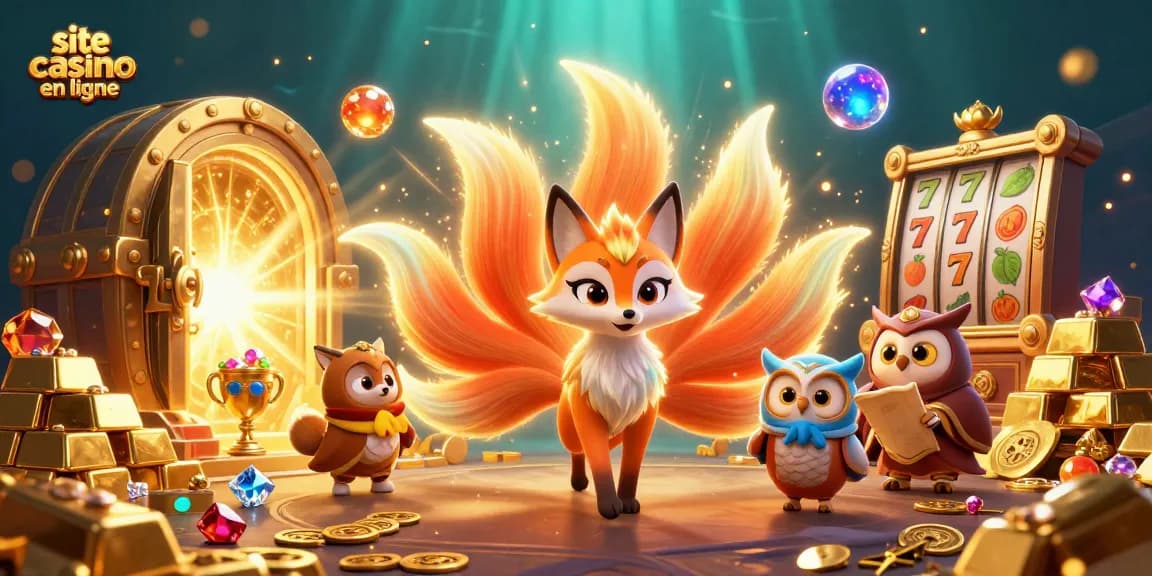 Jouez sur le site casino en ligne avec une illustration 3D captivante d'une créature magique entourée de trésors brillants.