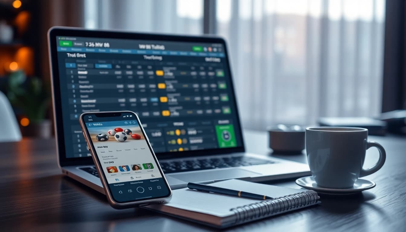 Experience seamless betting with MV 88 on modern devices, showcasing a digital interface in a stylish workspace.