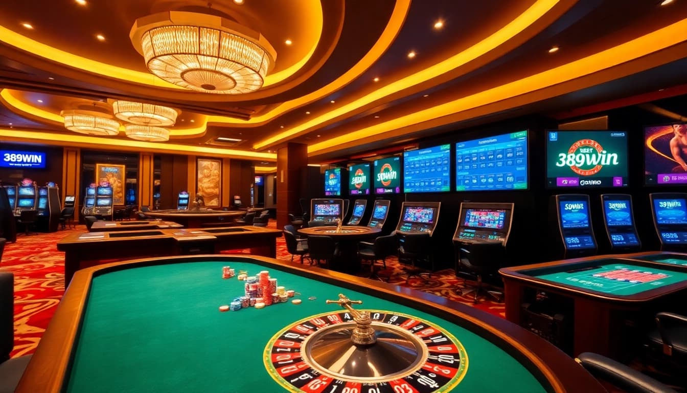 High-energy gaming scene at 389WIN online casino with vibrant tables and slot machines.
