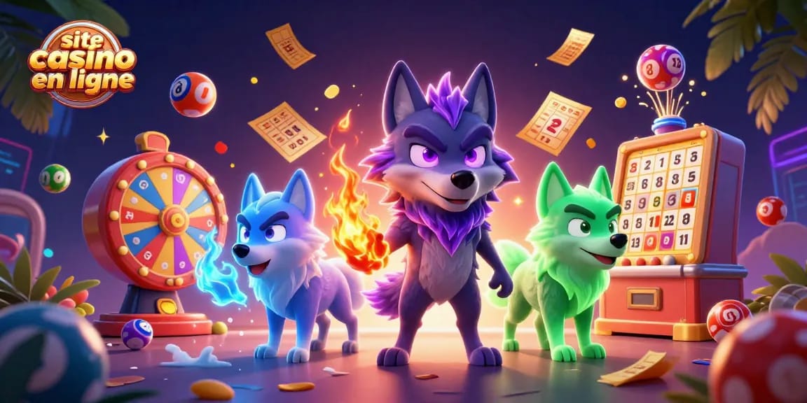 Découvrez le site casino en ligne avec une illustration dynamique d'un loup spectral et des jeux de casino autour.