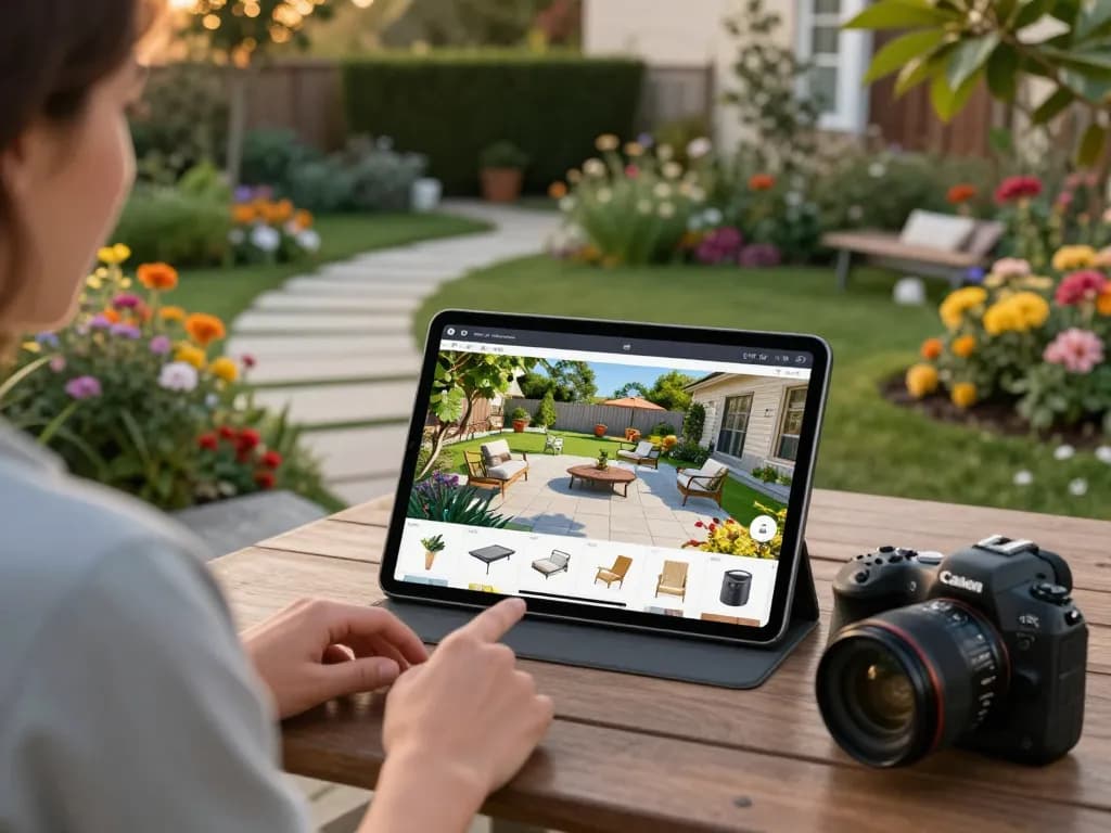 Customizing patio design using configuratore 3D outdoor on a tablet in a beautiful garden.