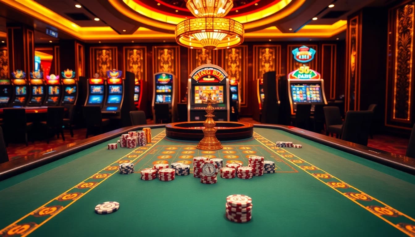 Players enjoying the thrilling action at the King88 casino table with vibrant slot machines in the background.