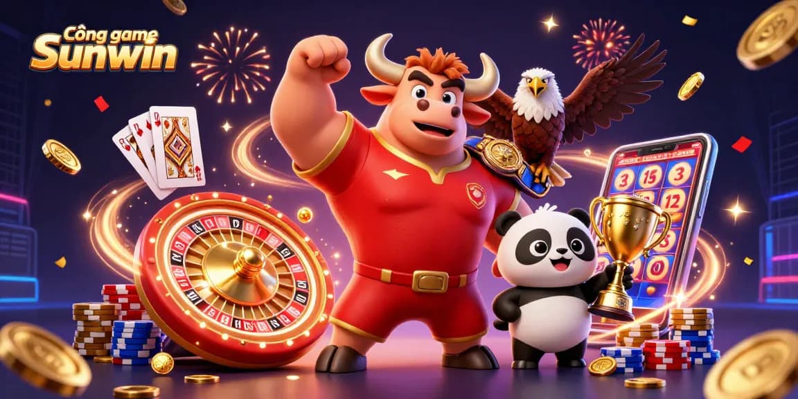 Cổng game Sunwin showcases a lively 3D illustration with a bull mascot, eagle, and panda surrounded by casino elements.