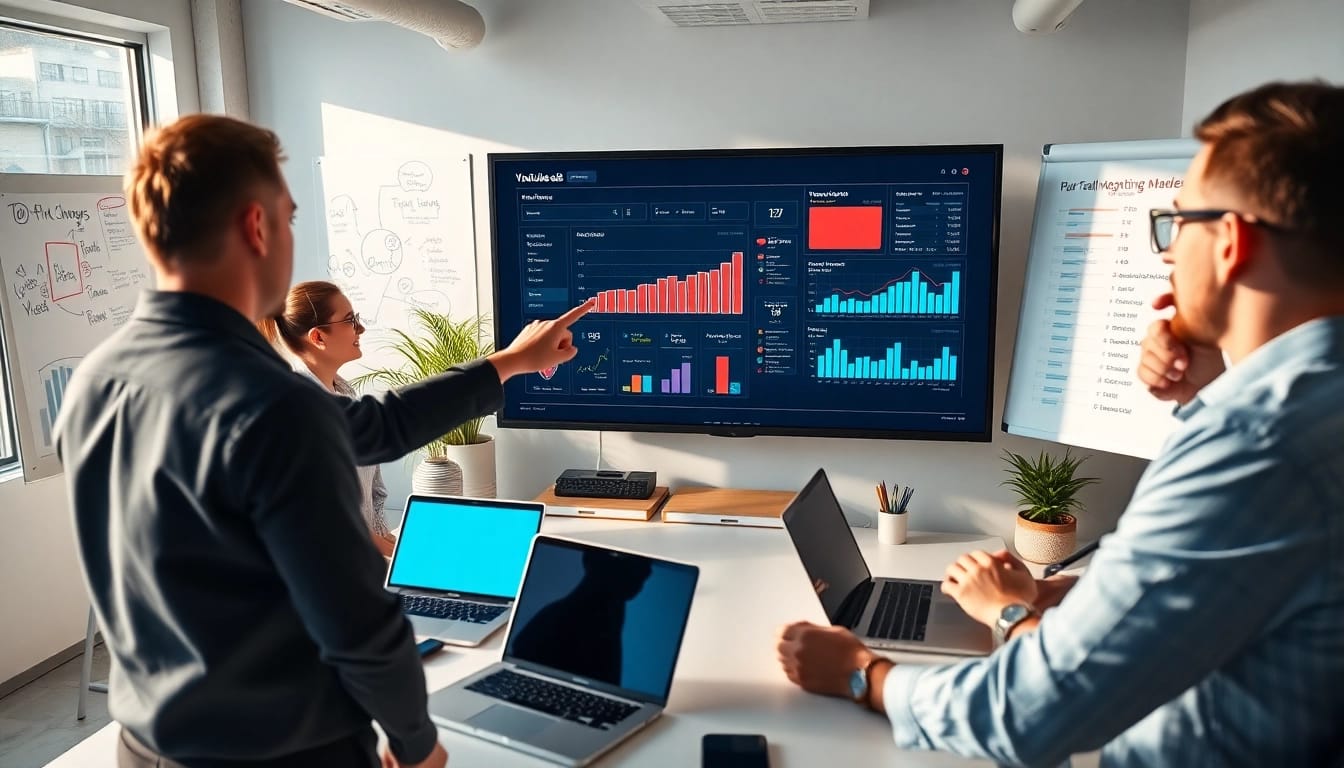 Engaging team analyzing YouTube ads data in a bright office environment.