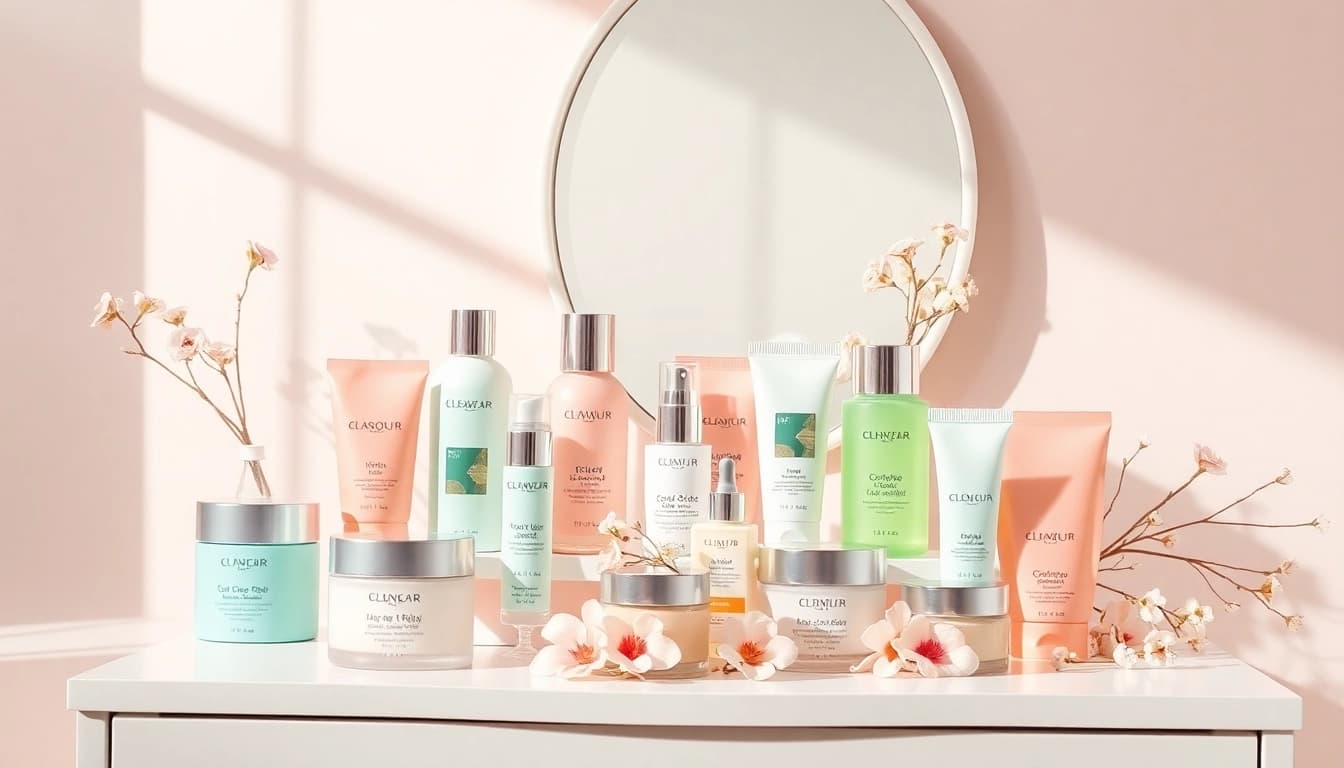 bästa K-Beauty-produkt visas elegant på ett minimalistiskt sminkbord med mjuka pastellfärger och naturligt ljus.