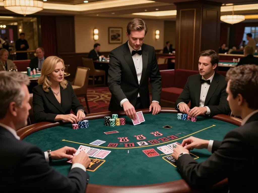 Engaging gameplay at https://n188.build/ blackjack table, showcasing players in action with stacks of chips.