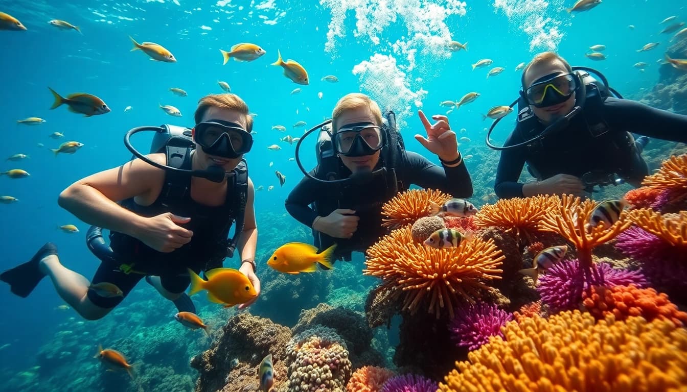 Tauchen lernen in der Tauchschule mit lebhaften Korallen und Fischen.