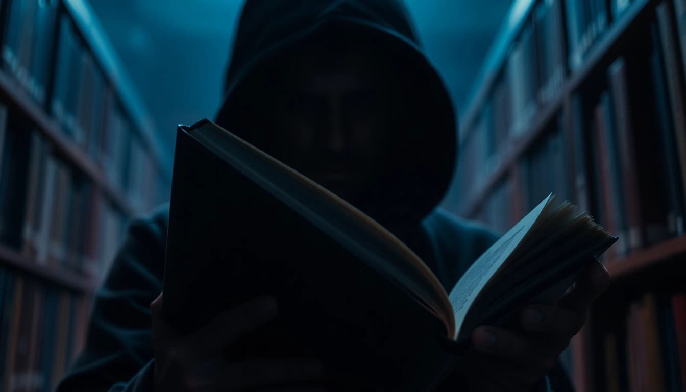 Engaging figure holding a Thriller book in a moody library setting with dramatic lighting.