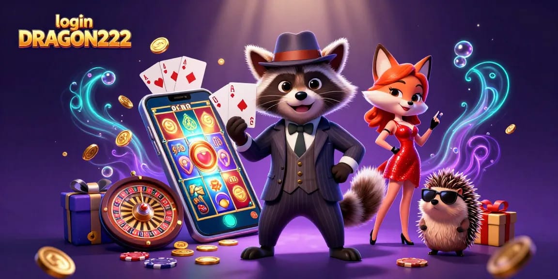 Join the excitement with login DRAGON222 showcasing vibrant casino action and a royal flush.