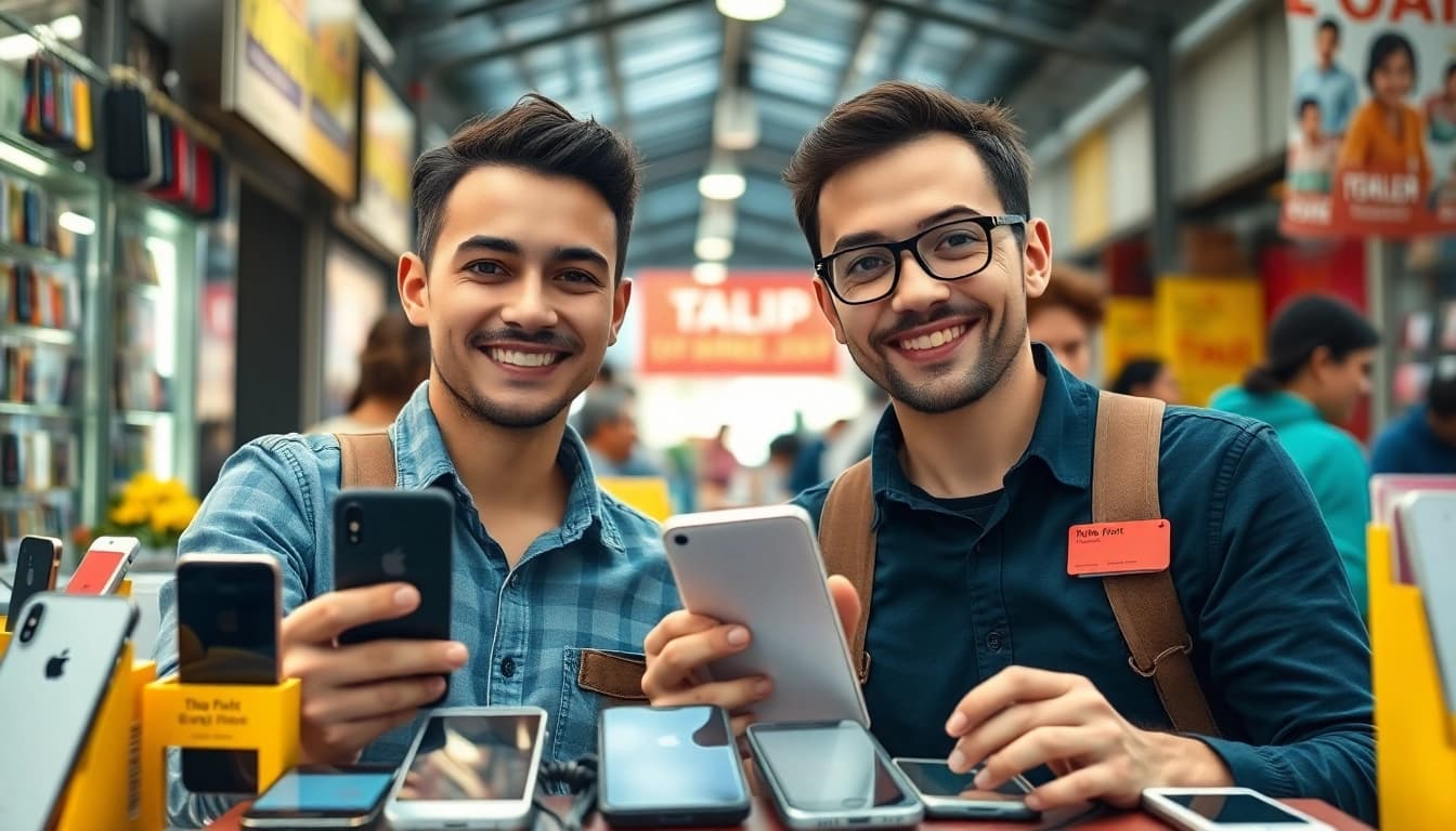 Selling old phones at a lively market with a joyful couple engaging customers.