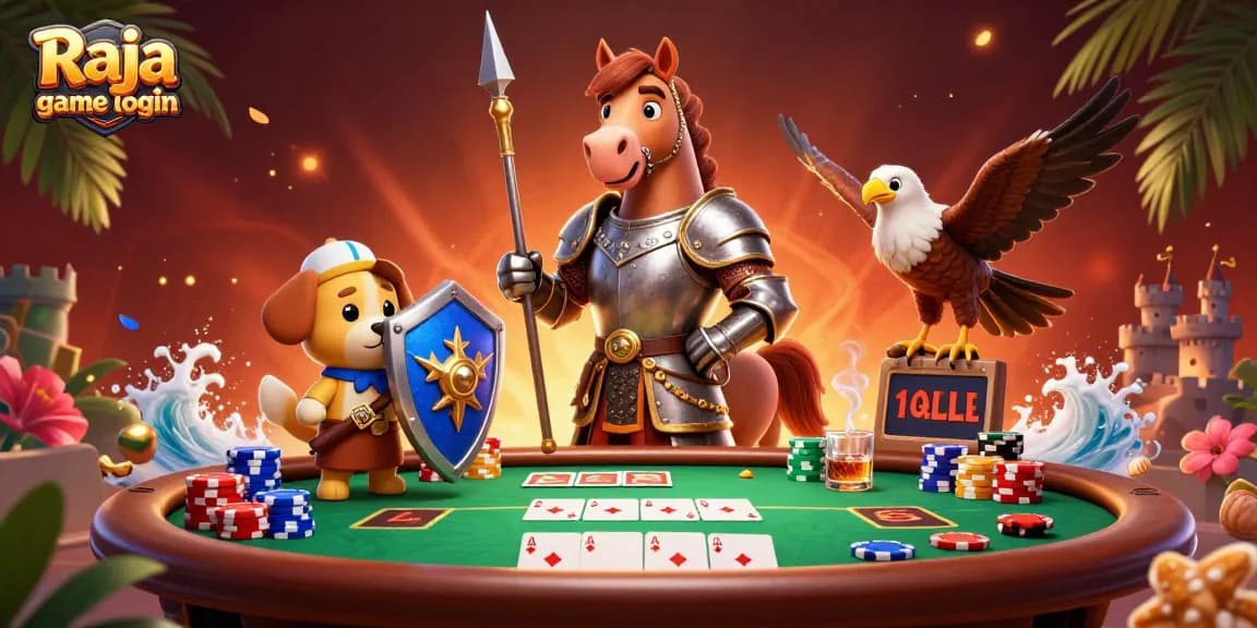 Engage with Raja game login through this vibrant 3D casino scene featuring iconic gaming elements and characters.
