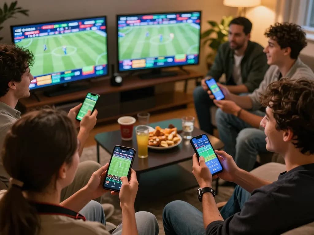 Bong da lu sports betting action with friends analyzing live broadcasts and placing bets using apps.