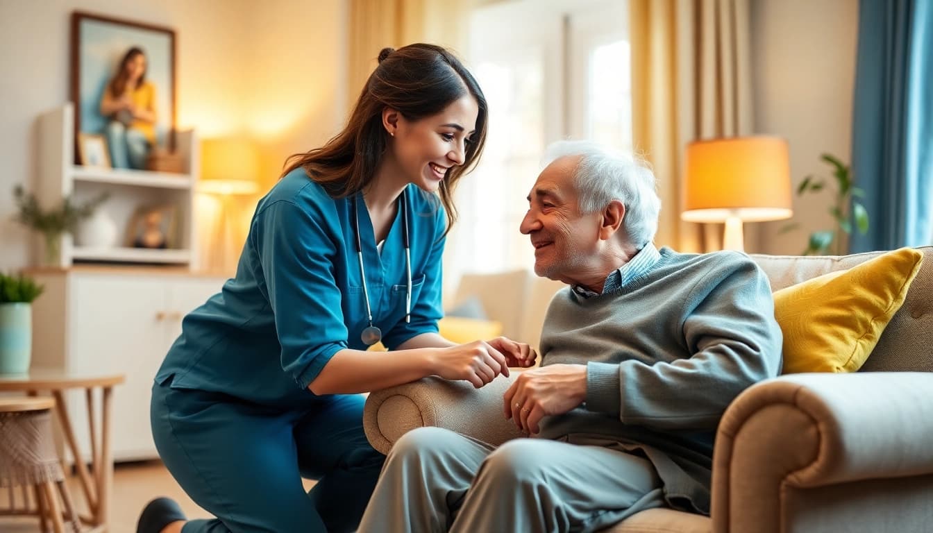 Engaging moment of at home health care, where a caregiver connects with an elderly person in their cozy living room.
