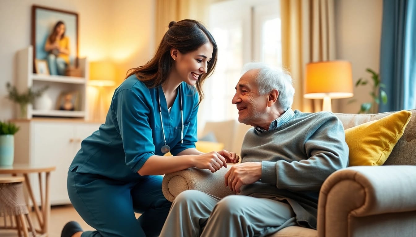 Engaging moment of at home health care, where a caregiver connects with an elderly person in their cozy living room.