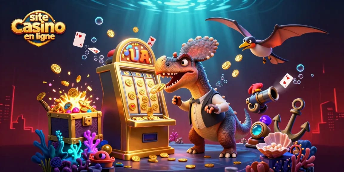 Jouez sur le site casino en ligne avec une machine à sous en or et des personnages animés attrapant des pièces d'or volantes.