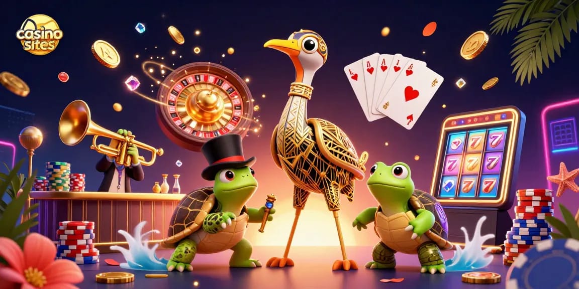 Engage with vibrant casino sites featuring a flapper crane and whimsical characters amidst golden coins and cards.